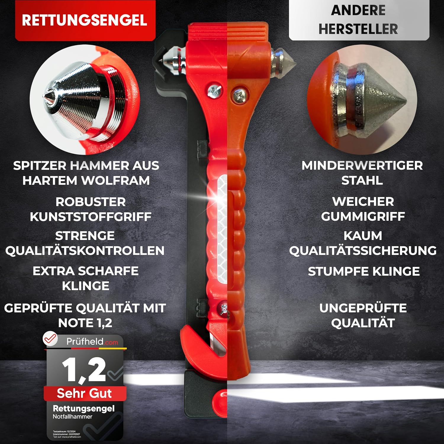 2-in-1-Nothammer mit Sicherheitsgurtschneider für das Auto (2er-Set) | Gehärtete Spitzen, Testsieger, inklusive Reflektor | Nothammer-Gürtelmesser als Rettungsgerät im Notfall für Fenster – Bild 7
