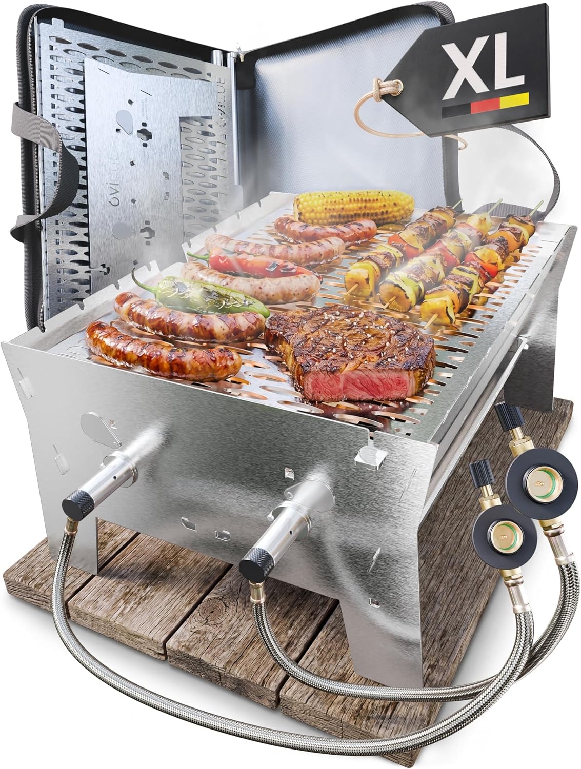 Grillen | Mobiler Plug-In Gasgrill Large XL | 2 Brenner | Tragbarer Edelstahlgrill mit Stecksystem – Gas- und Holzkohlebetrieb inklusive Tragetasche – perfekt für Camping, Balkon