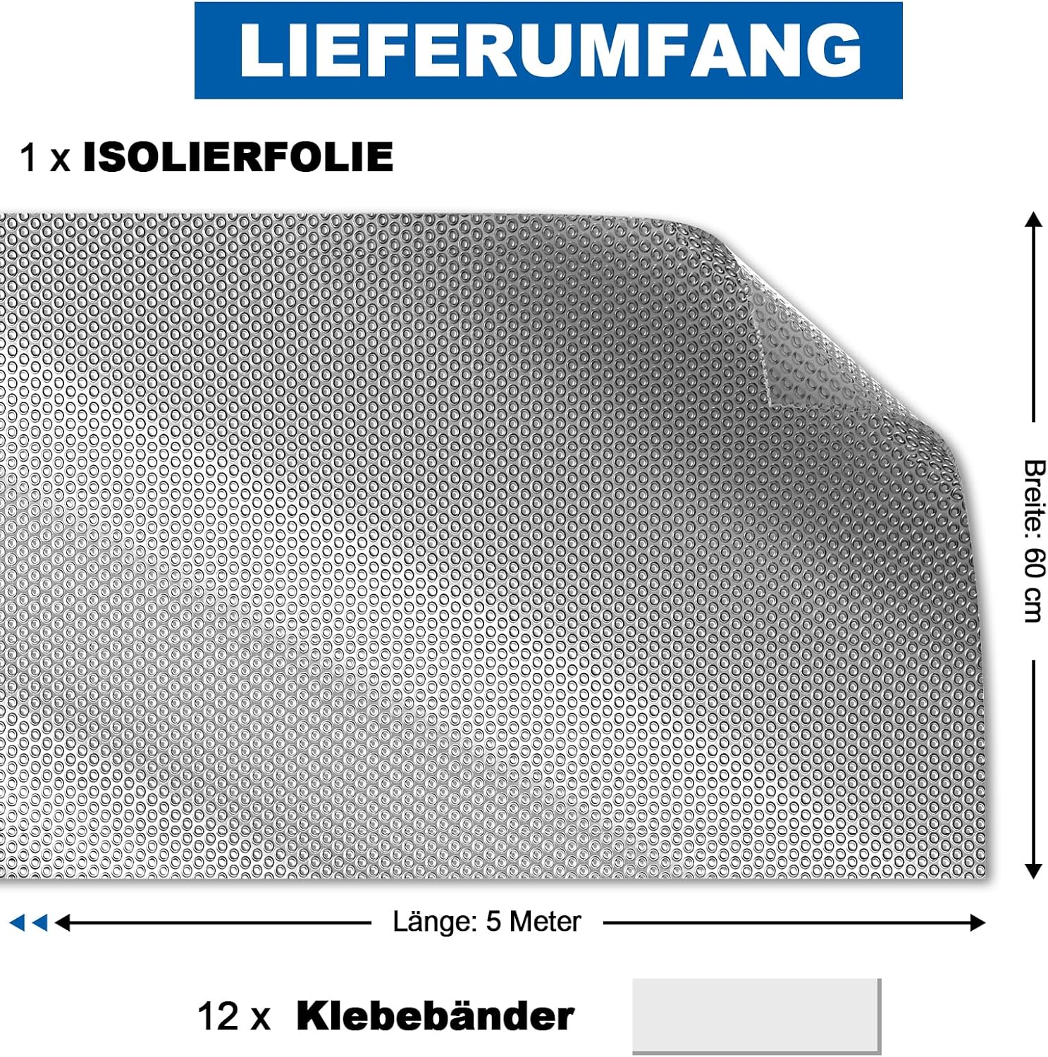 Aluminisierte Isolierfolie, 60 cm x 5 m, 3 mm dicke Isolierung, doppelseitige Aluminium-Luftpolsterfolie mit 12 Klebestreifen, Kühlerreflexionsfolie für Fahrzeuge, Dächer, Fenster – Bild 6