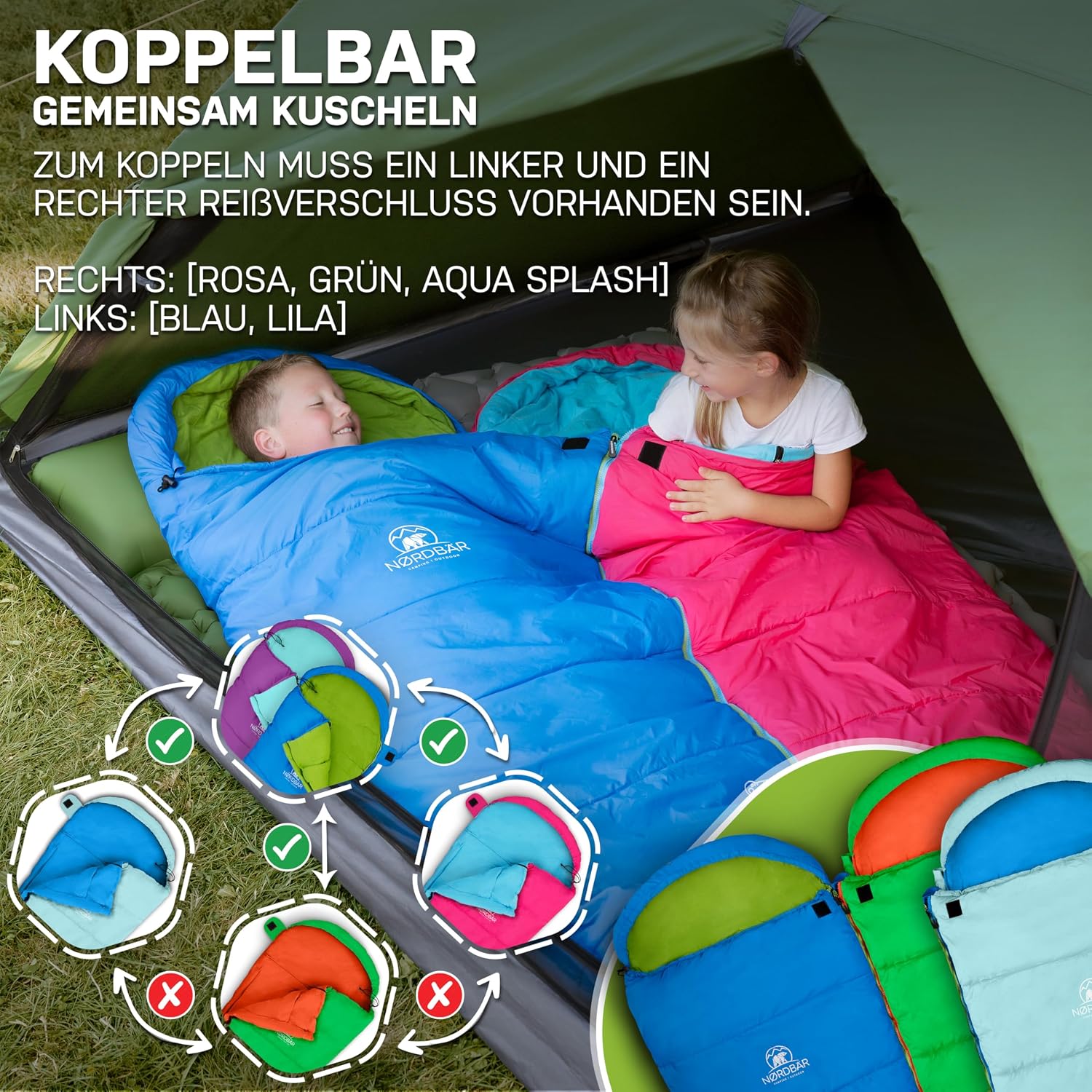 NORDBÄR® Kinderschlafsack für Jungen und Mädchen (175 x 70 x 45 cm) | Innenfutter aus 100 % Baumwolle | Mumienschlafsack leicht und warm | Outdoor-Schlafsack für Kinder (1200 g) | Camping – Bild 6