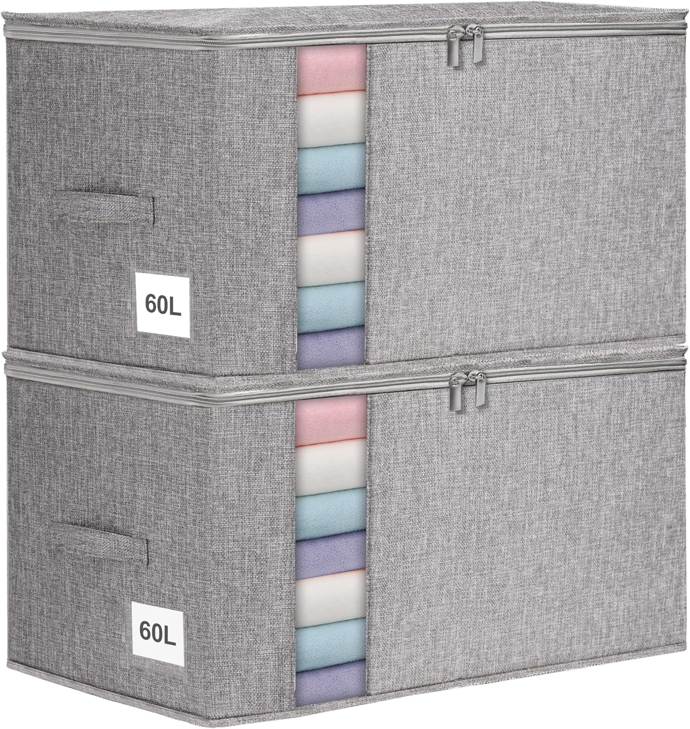 60L Aufbewahrungsboxen 2er Pack für Bettdecken, Decken, Bettwäsche und Kleidung, faltbare, formstabile Stoffboxen mit doppeltem Reißverschluss, Sichtfenster, starke Griffe, stapelbar, wasserdicht, grau