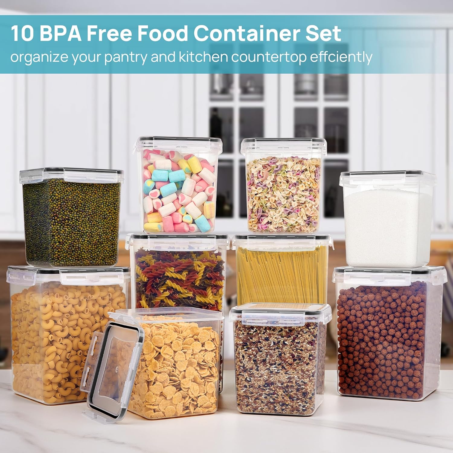 Vtopmart 10er-Set große Vorratsgläser mit Deckel, luftdicht 6,5 l, Mehl-Aufbewahrungsbehälter, Küchen-Aufbewahrungsbox für Müsli und Zucker, BPA-frei, schwarz – Bild 2