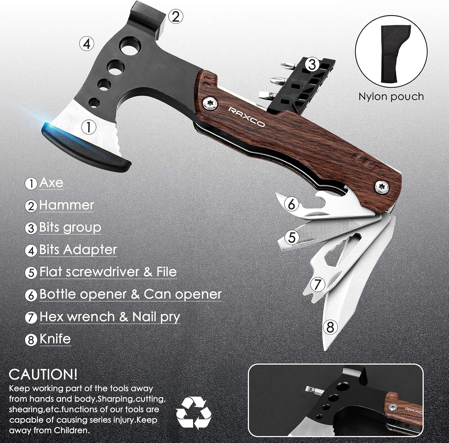Raxco Überlebensaxt, Multifunktionswerkzeug, Handbeil, 8-in-1, für Outdoor-Camping und Männergeschenke – Bild 3