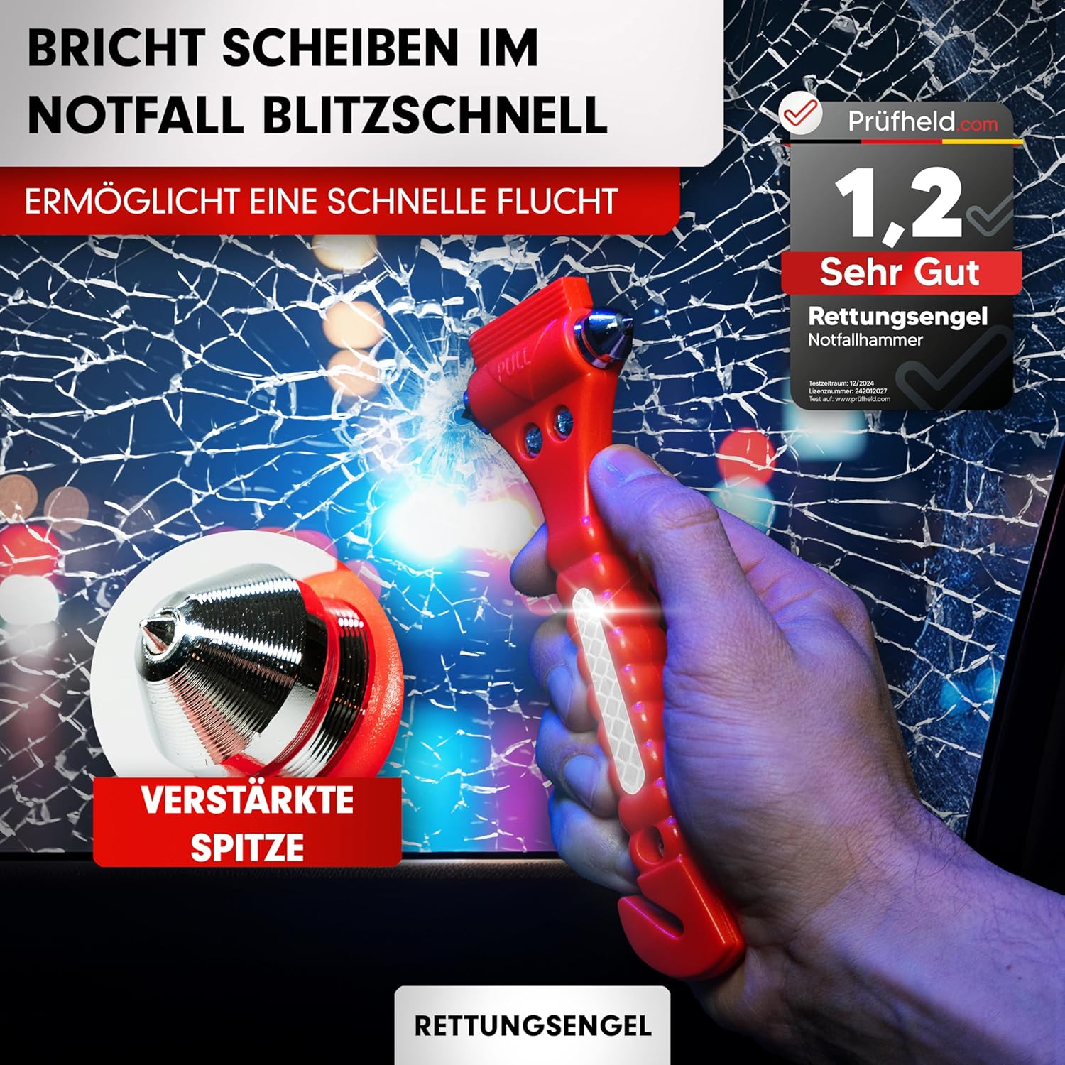2-in-1-Nothammer mit Sicherheitsgurtschneider für das Auto (2er-Set) | Gehärtete Spitzen, Testsieger, inklusive Reflektor | Nothammer-Gürtelmesser als Rettungsgerät im Notfall für Fenster – Bild 3