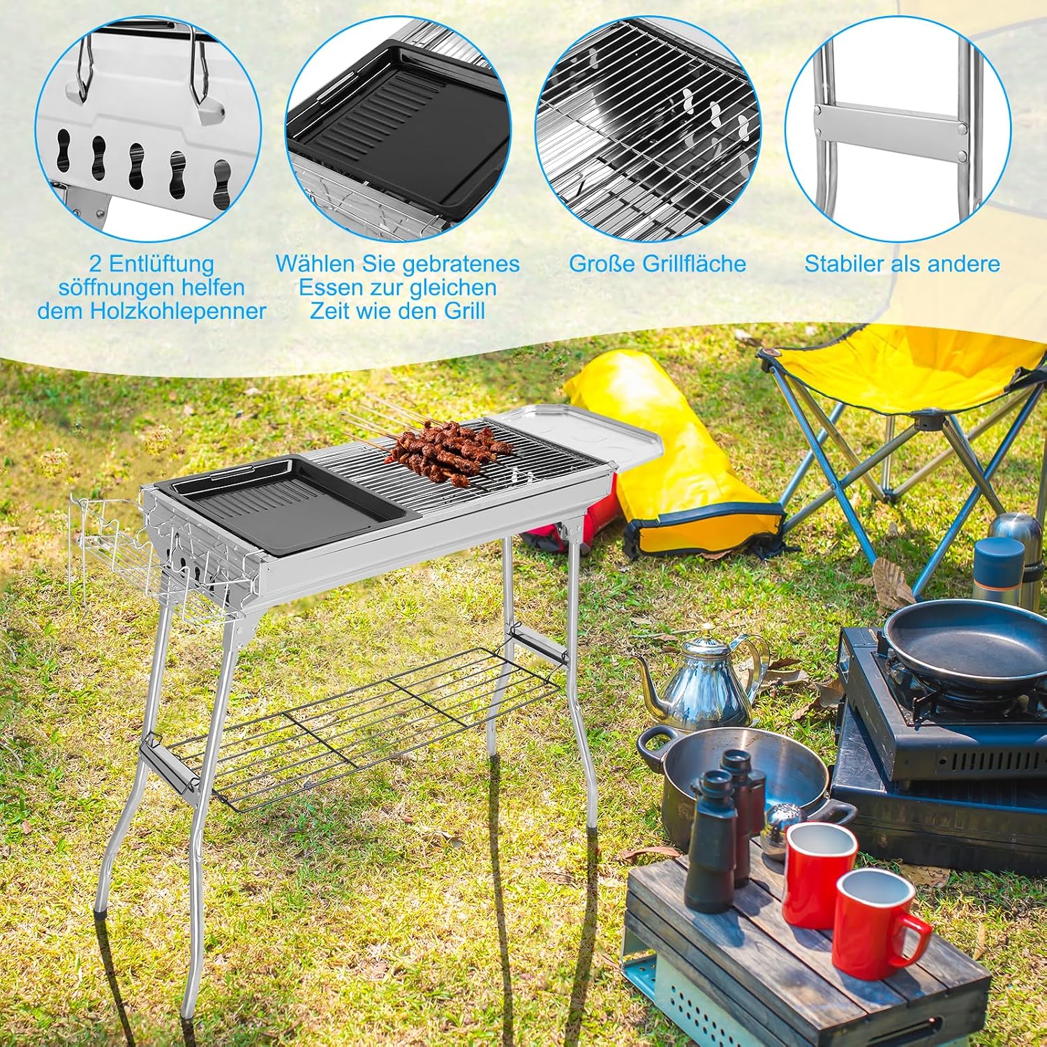 Holzkohlegrill, Campinggrill, Klappgrill aus Edelstahl, 100 x 31 x 71 cm (XXL), tragbare Grills, komplettes Zubehör, Outdoor, Terrasse, Camping, Grillparty, für 5-10 Personen – Bild 2