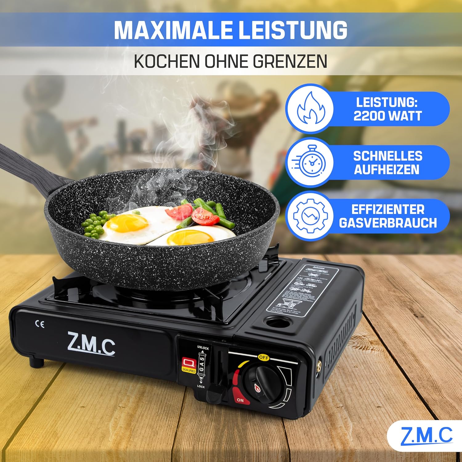 ZMC Gaskocher 1-flammig 2,2 kW Campingkocher mit Piezo-Zündung, Transportkoffer & LPG-Adapter optional mit Gaskartuschen 227 g & Grillplatte für Camping, Outdoor & Notfall – Bild 6