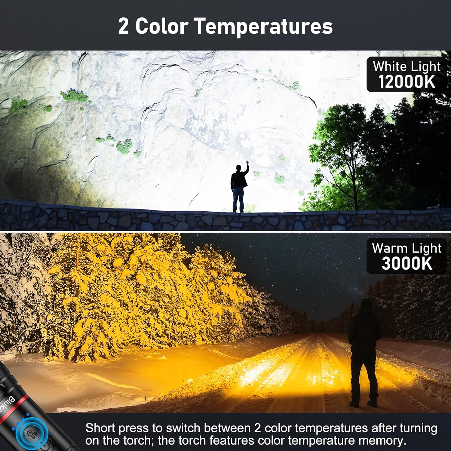 Blukar LED-Taschenlampe, 2 Lichtfarben, 2000 l, superhelle, zoombare Taschenlampen | Wiederaufladbar, 10 Leuchtmodi, lange Akkulaufzeit, wasserdichte Taschenlampe für Camping, Outdoor, Notfall usw. – Bild 3