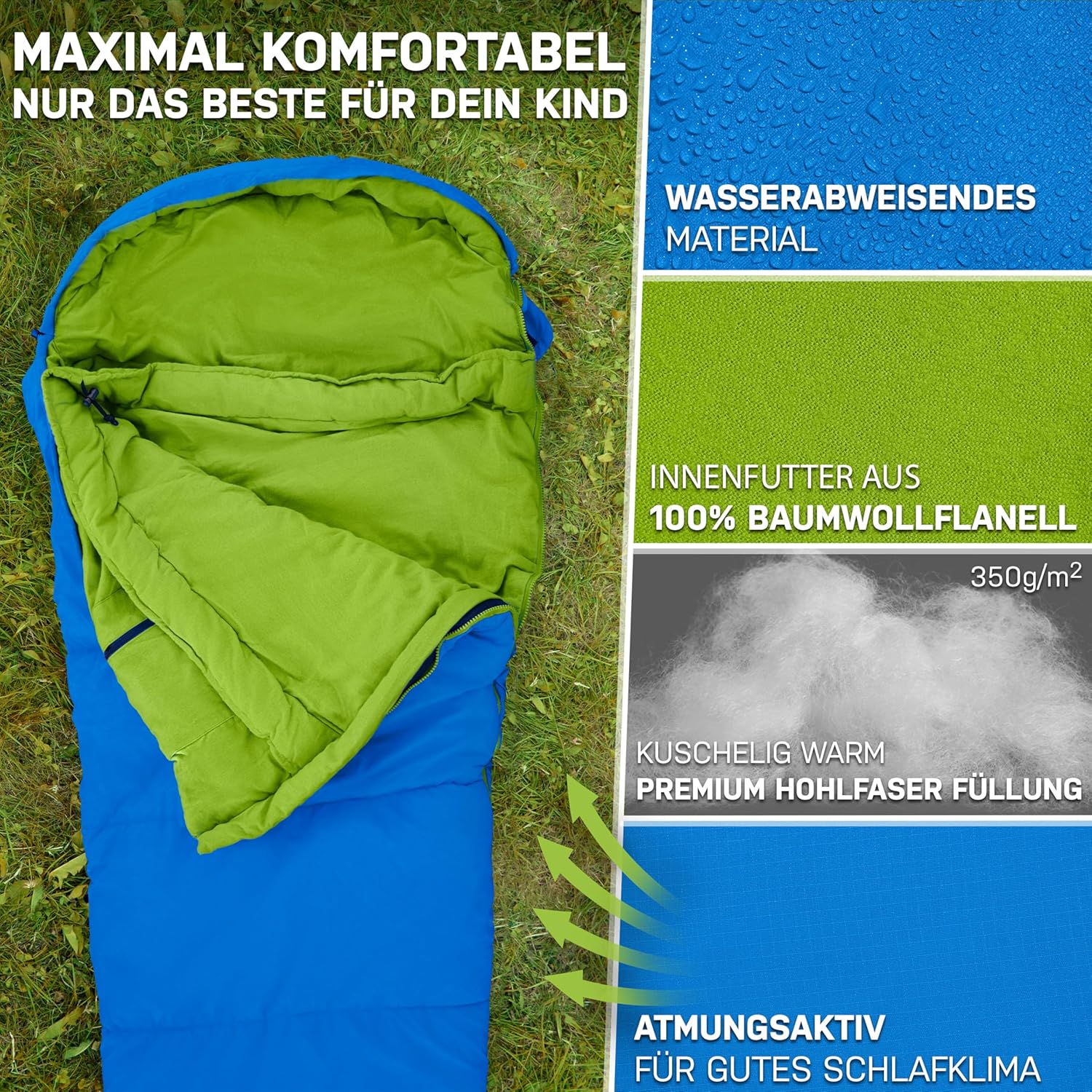 NORDBÄR® Kinderschlafsack für Jungen und Mädchen (175 x 70 x 45 cm) | Innenfutter aus 100 % Baumwolle | Mumienschlafsack leicht und warm | Outdoor-Schlafsack für Kinder (1200 g) | Camping – Bild 4