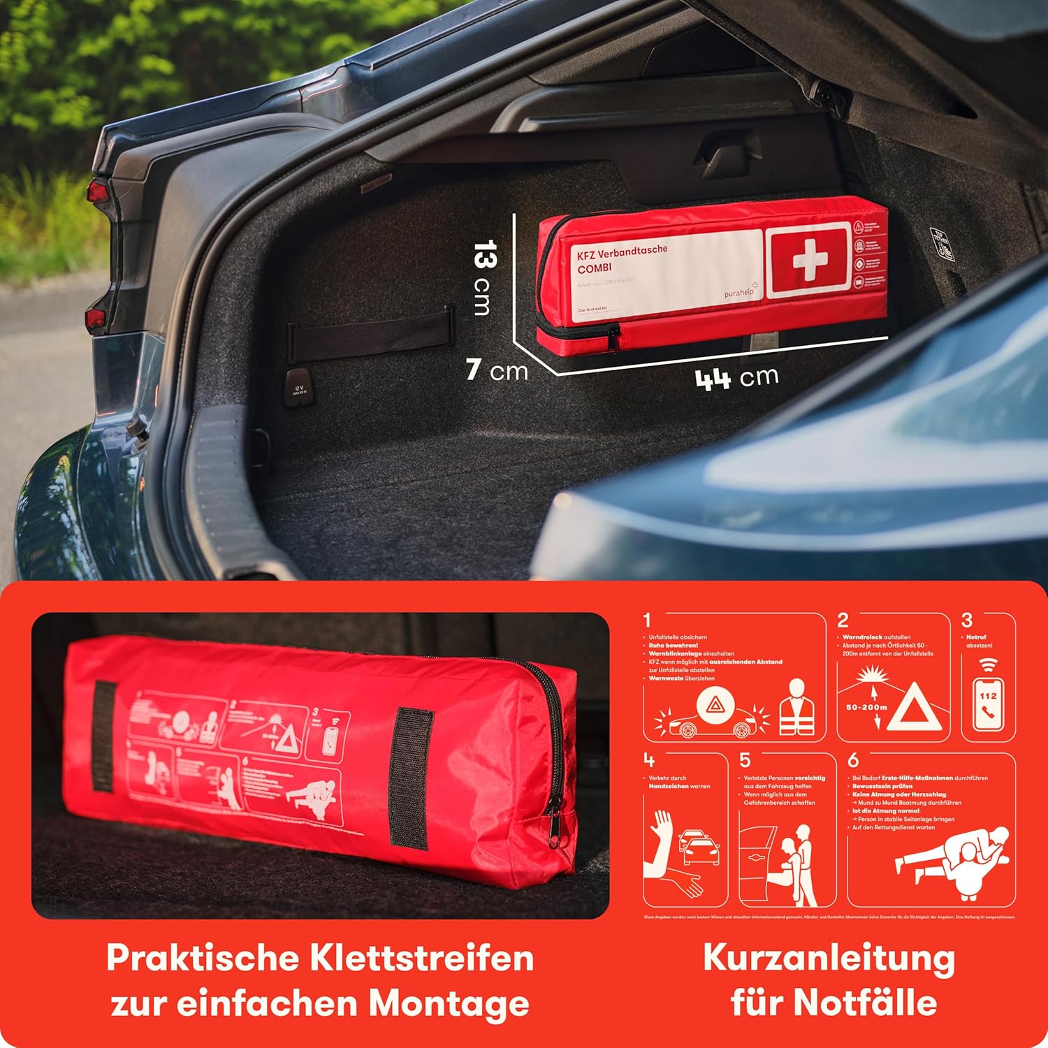 PURAHELP Auto-Kombitasche mit Lüftungstuch (DIN 13164) – Verbandskasten Auto mit Warndreieck & Warnweste – Auto-Verbandskasten StVO konform für 2026 – Verbandskasten Auto – Bild 3