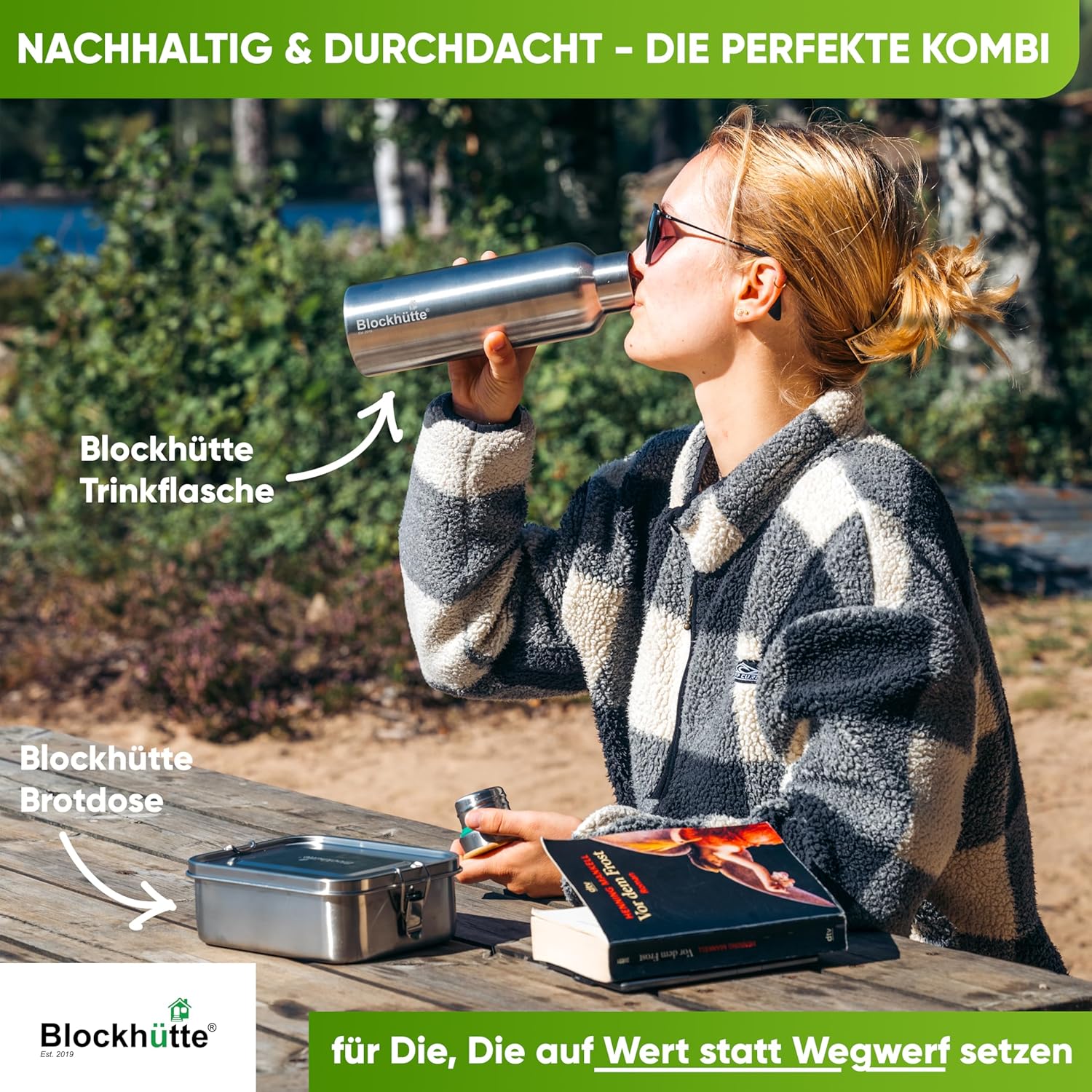 Blockhütte Isolierter Thermobehälter aus Edelstahl, 530 ml - 730 ml, mit Bürste & Göffel, Thermo-Lunchbox für Erwachsene & Kinder, Thermobecher, Babybrei & Müsli – Bild 8