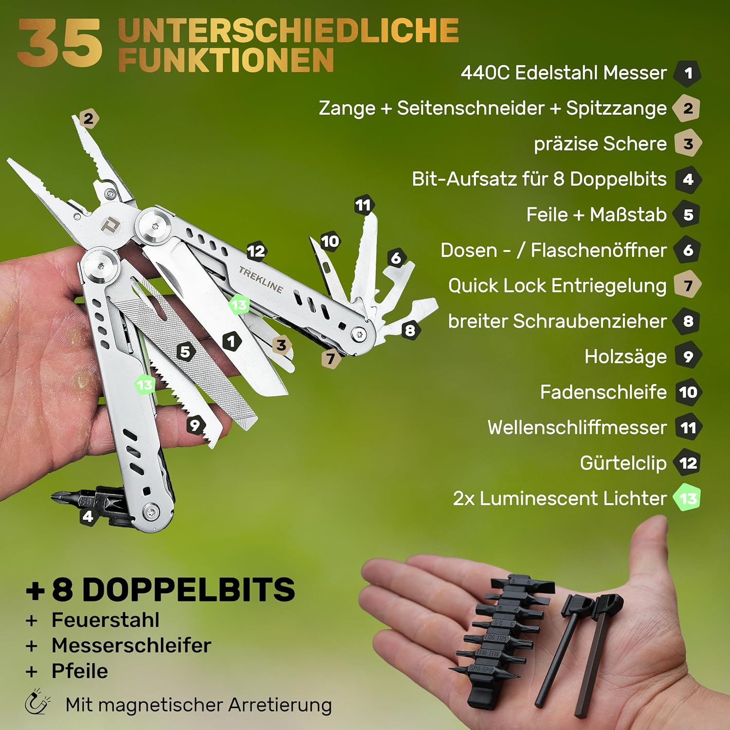 Multitool (Edelstahl 440C) Outdoor Camping Survival Multitool Werkzeugmesser, Survivalmesser, Taschenmesser, Multifunktionswerkzeug, Multitool, Multifunktionsmesser (Canyon Blade) – Bild 6
