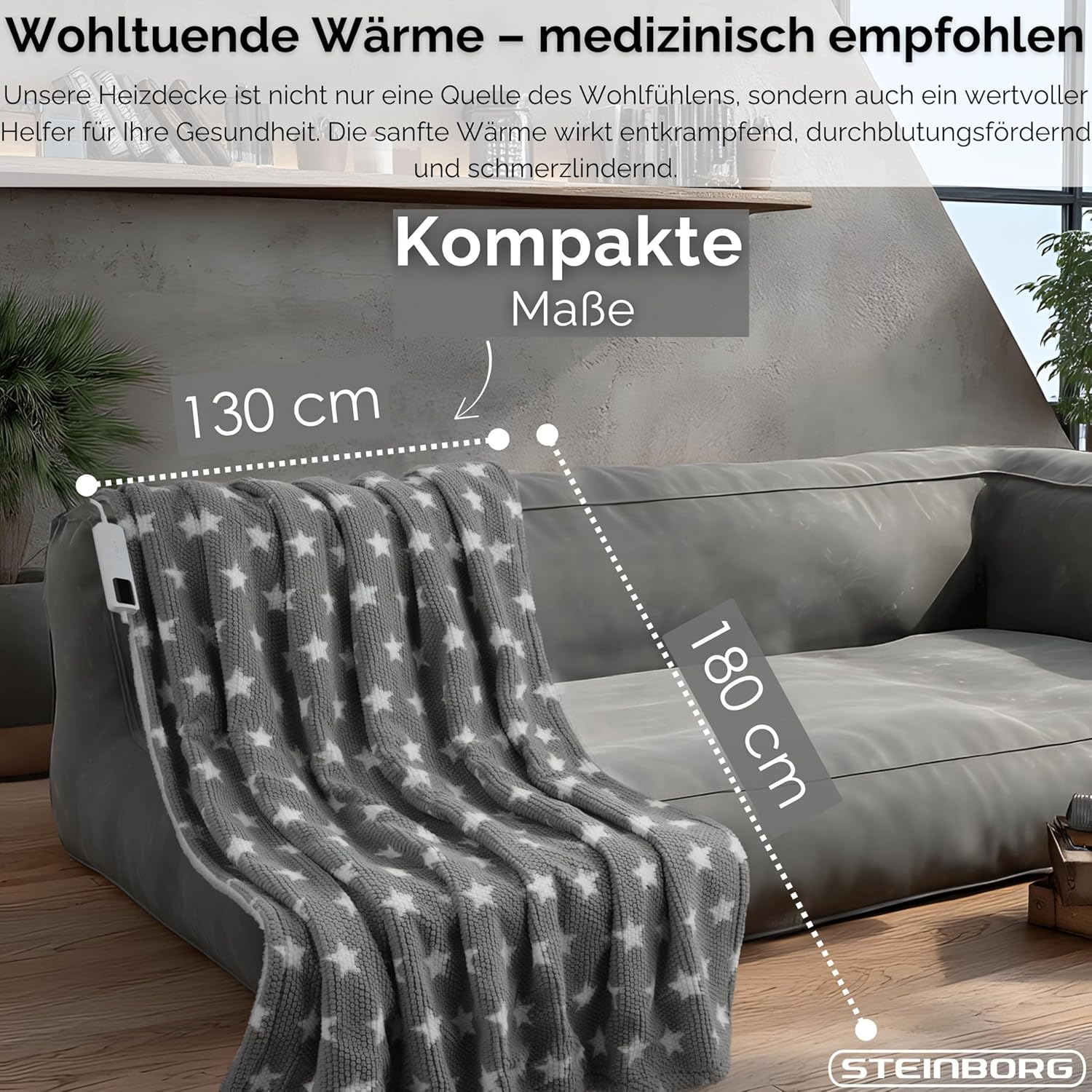 Steinborg Heizdecke mit automatischer Abschaltung, 180 x 130 cm, kuschelige Heizdecke, elektrische Heizdecke, Kuscheldecke, Bett, Sofa, Thermodecke, 9 Stufen, waschbar – Bild 5