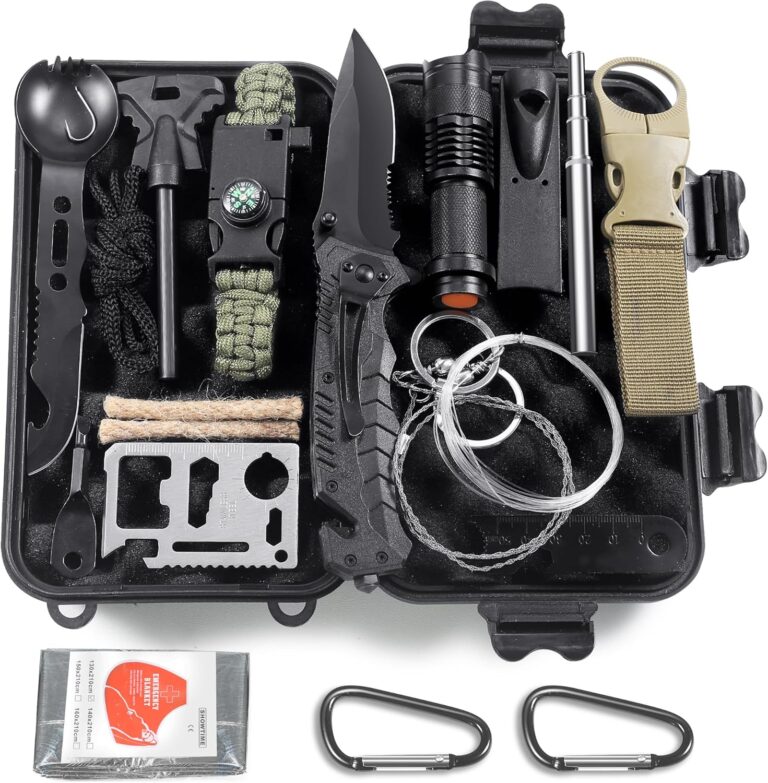 14-in-1-Überlebensset, Mehrzweck-Überlebensset, Erste-Hilfe-Set für Outdoor-Sport, Camping, Bergsteigen, Feuerstein/Wärmedecke/Pfeife