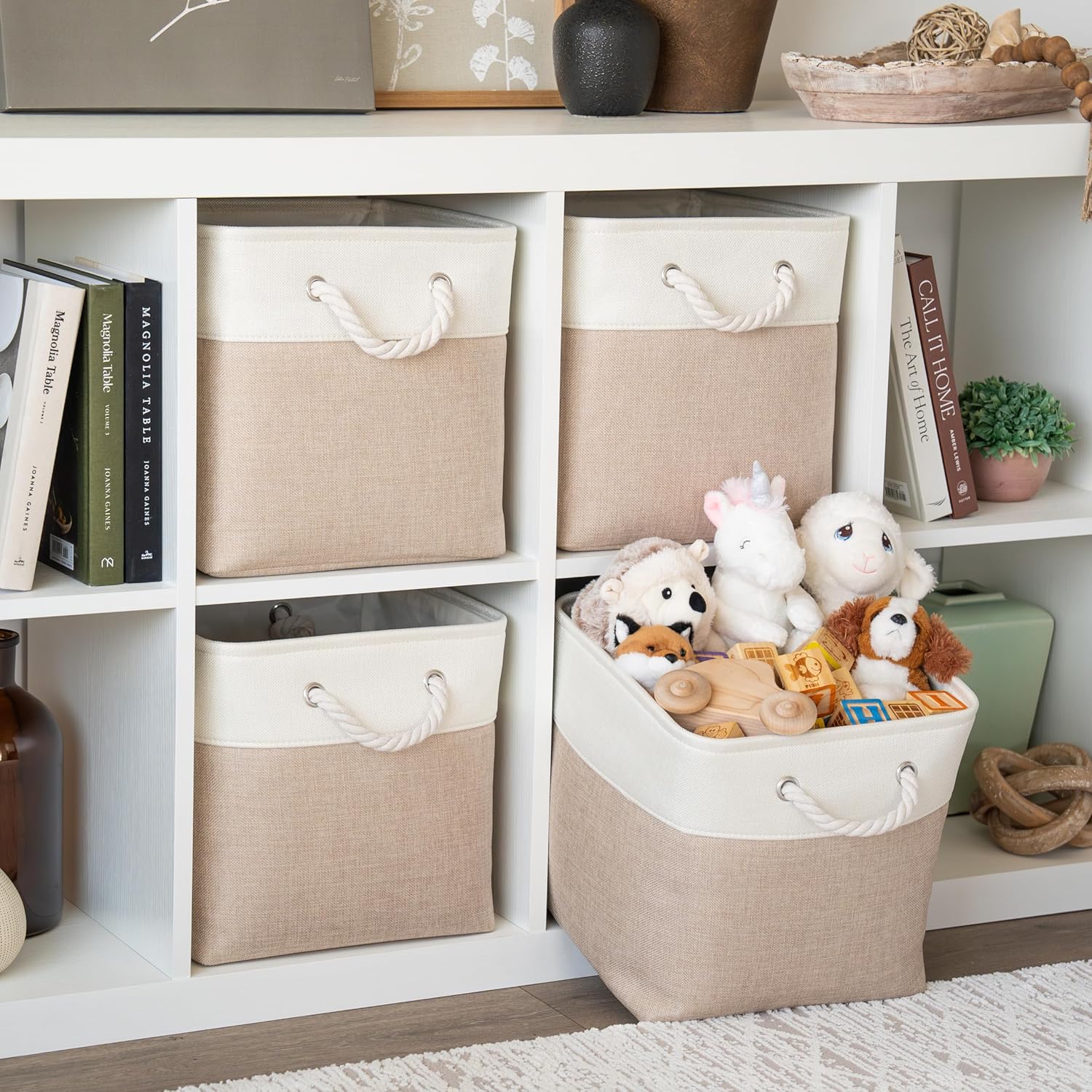 OrganiHaus Aufbewahrungsbox, 30 x 30 cm, 3er-Set, Würfelkörbe aus Stoff mit Seilgriffen, faltbare Aufbewahrungswürfel für Kallax-Organizer, Aufbewahrungskörbe für Kinderzimmer, Beige/Weiß – Bild 3