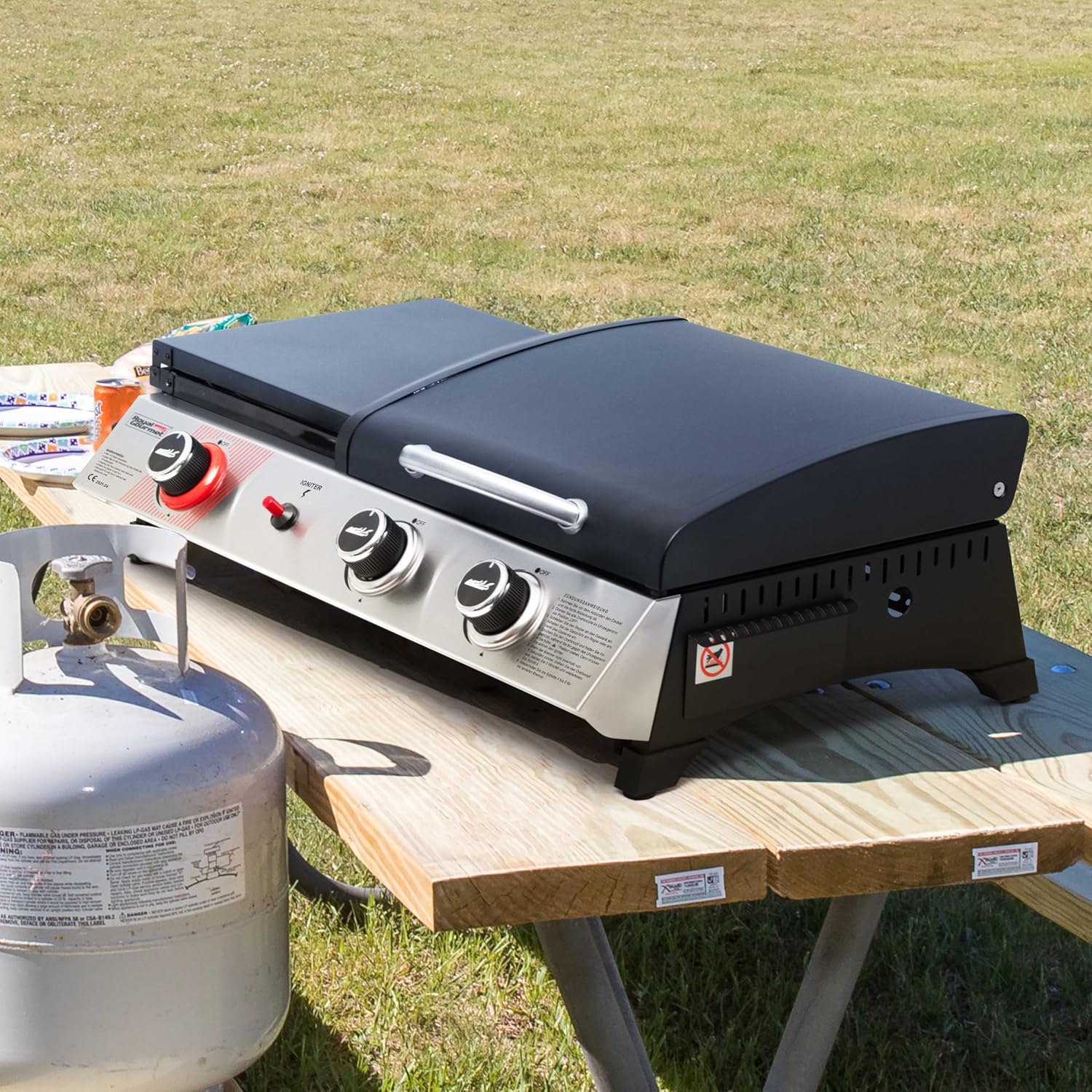 Royal Gourmet 8,5 kW Gasgrill, 3-in-1-Tischgrill mit Grillen, Braten, Kochen, 3 Brenner, tragbarer Picknickgrill, Campinggrill mit klappbarer Seitenablage, schwarz – Bild 2