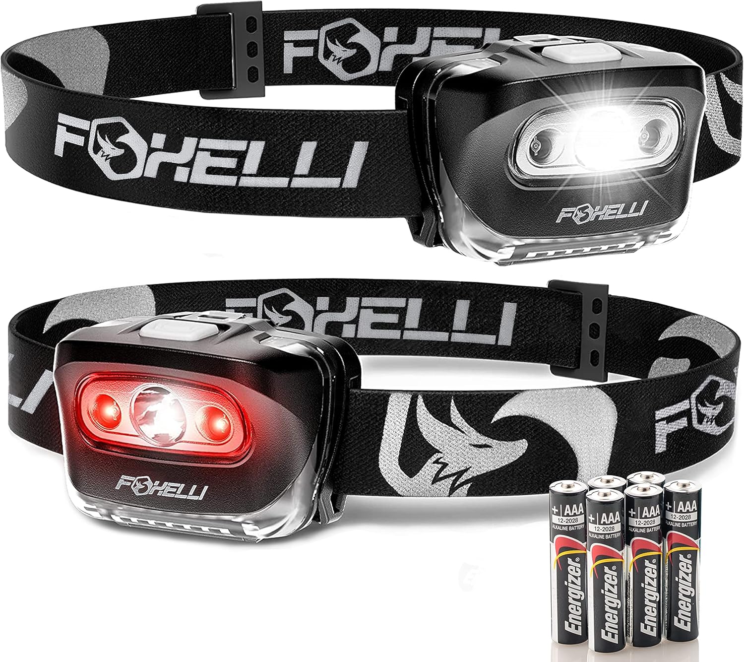 Foxelli LED-Stirnlampe – für Erwachsene und Kinder, Laufen, Camping, Wandern, Stirnlampe mit weißem und rotem Licht, leichte wasserdichte Stirnlampe mit bequemem Kopfband, 3 AAA-Batterien im Lieferumfang enthalten