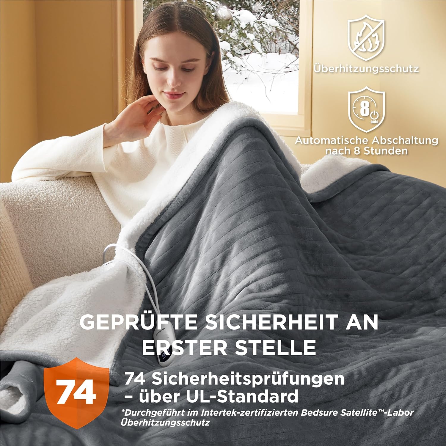 BEDSURE Heizdecke, elektrische Kuscheldecke, Geschenke für Frauen, mit automatischer Abschaltung, 6 Heizstufen und 10-Stunden-Timer, bis zu 8 Stunden Überhitzungsschutz für Zuhause und Büro, Grau – Bild 6