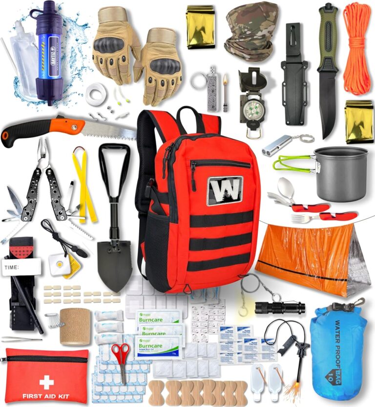 WONCROW Großes Überlebensset – Notfallausrüstung mit Campingzubehör – Militärausrüstung für Wandern, Bushcraft – Outdoor-Überlebensmesser, Taschenlampe, Feuerstahl, Notfallset, Blackout-Notfallausrüstung