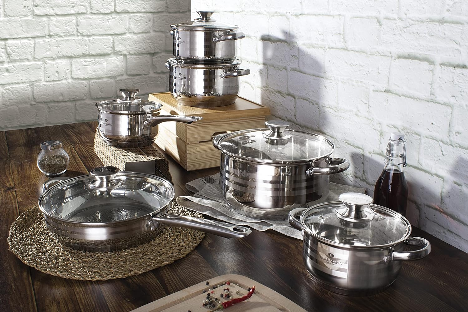 Smhline 12-teiliges Topfset, Kochtopf-Set, geeignet für Induktionsherde, Edelstahl-Kochgeschirr, Pfannenset, Glasdeckel, Küchensets, Bratpfanne – Bild 3