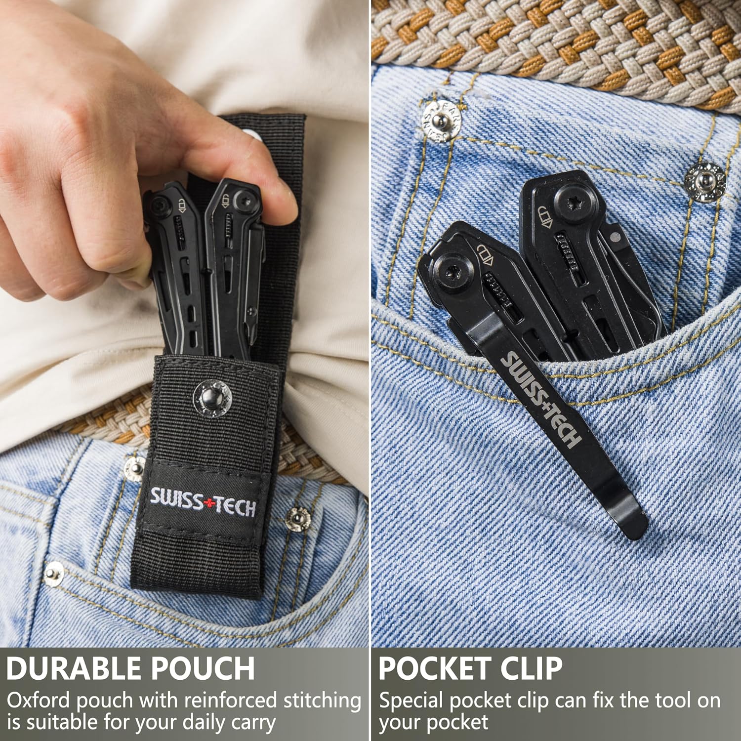 Swiss+Tech Multitool 16 in 1 Multifunktionszange aus Edelstahl, faltbar, Multifunktionswerkzeug, Multifunktionszange mit Messer, Flaschenöffner, Gürtelclip für Camping, Reparatur, mit Tragetasche – Bild 6