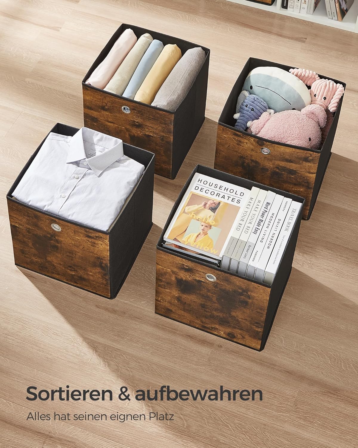 SONGMICS Aufbewahrungsboxen, 6er-Set, Oxford-Stoff, Faltbox, 33 x 33 x 33 cm, Stoffbox, für Würfelregal, Organizer für Kleidung, Vintage Braun/Schwarz, RFB133B01 | Fit Cube faltbare Aufbewahrungseinheit, 33 x 33 x 33 cm, Rustikales Braun und Schwarz, RFB133B01 – Bild 9