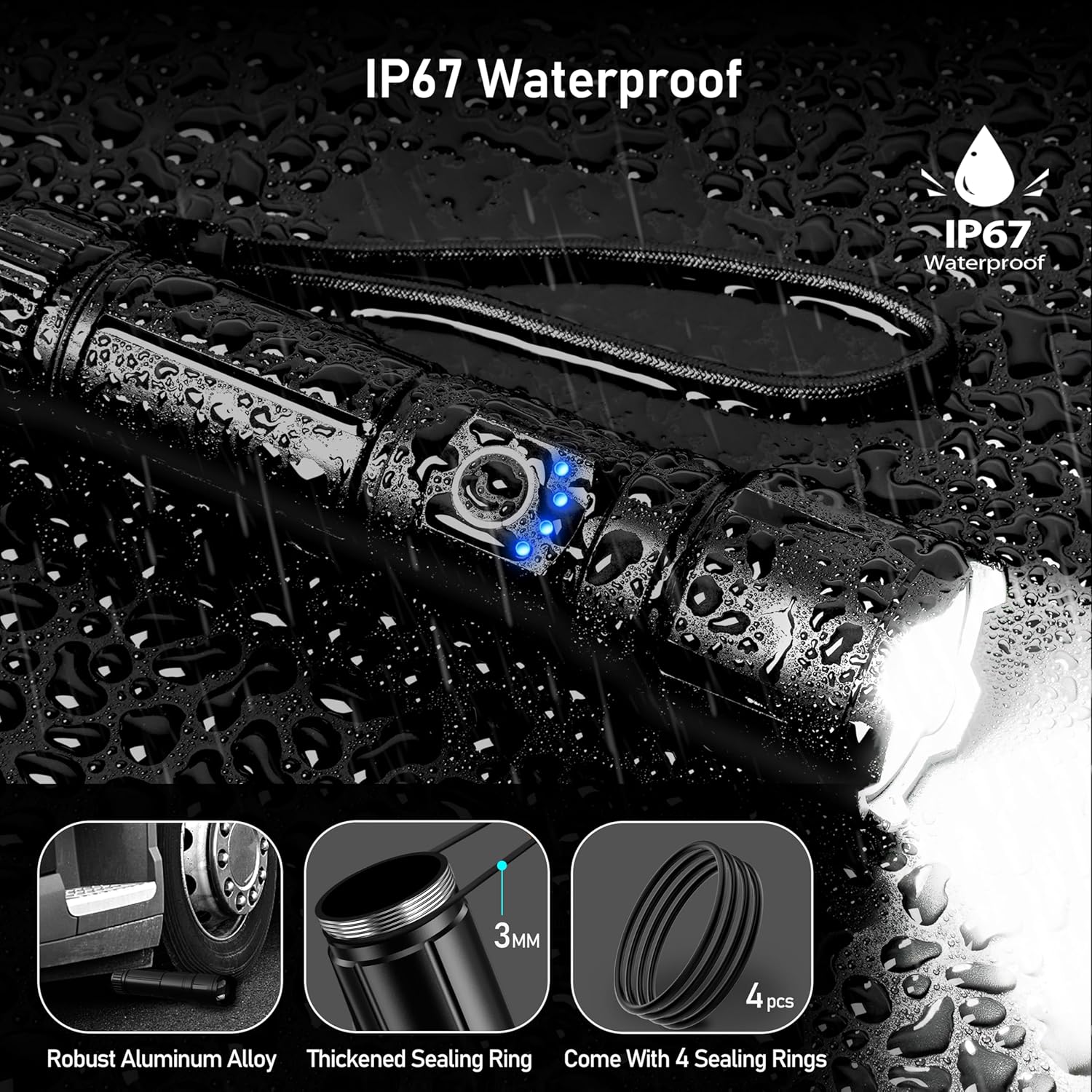 Blukar Taschenlampe LED wiederaufladbar, extrem hell, hohe Helligkeit, zoombare Taschenlampen, stark mit 5 Lichtmodi, IP67 wasserdichte Taschenlampe für Camping, Wandern, Outdoor, Angeln, Notfall – Bild 5