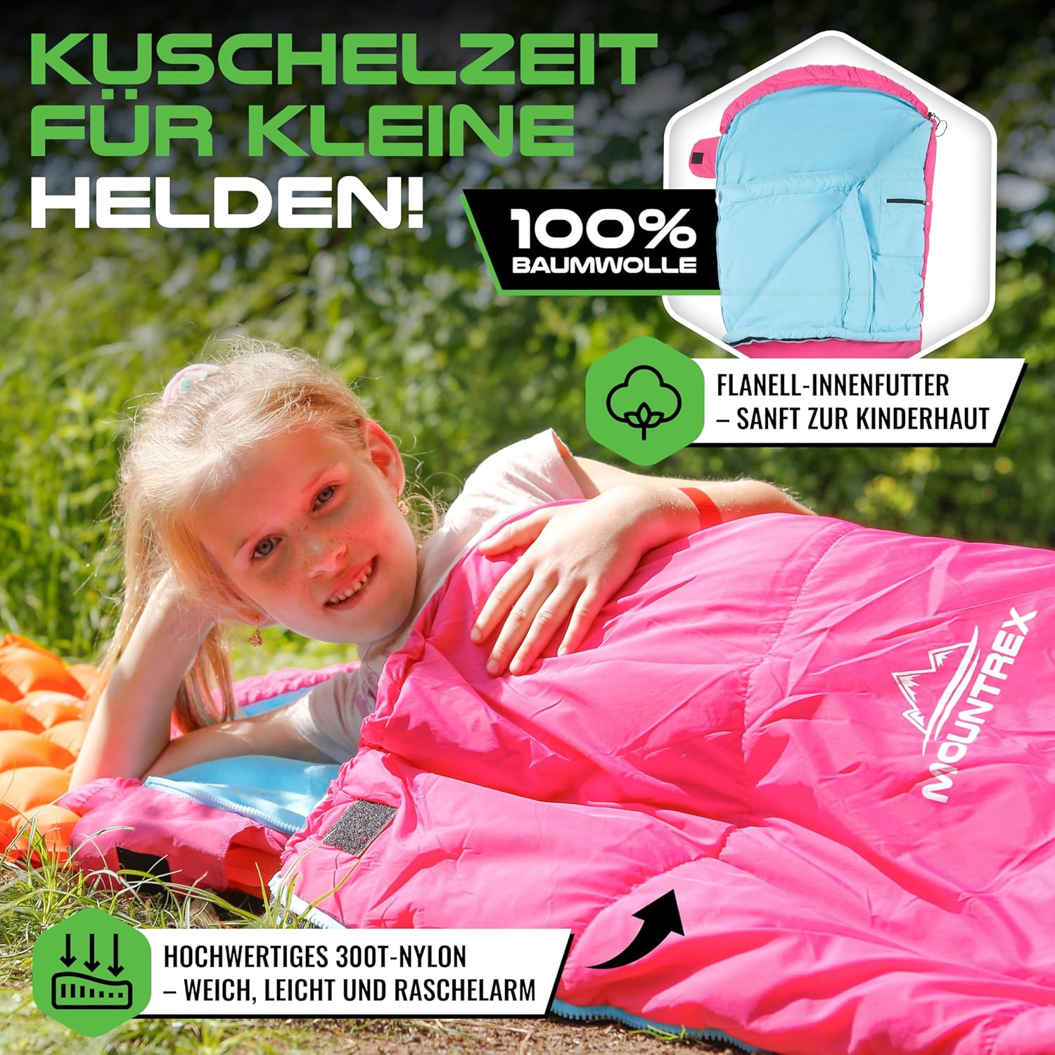 MOUNTREX® Kinderschlafsack – tragbar wie ein Rucksack – Schlafsack für Kinder (175 x 70 x 45 cm) – Outdoor, Reisen, Camping, – Mumienschlafsack leicht und kompakt – Innenfutter aus 100 % Baumwolle – Bild 4