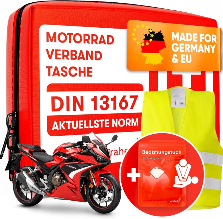 PURAHELP Motorrad-Erste-Hilfe-Set nach aktueller Norm 2026 DIN 13167 (StVO-konform) – inkl. Warnweste & Belüftungstuch – Motorrad-Verbandset 2026 Mini Small