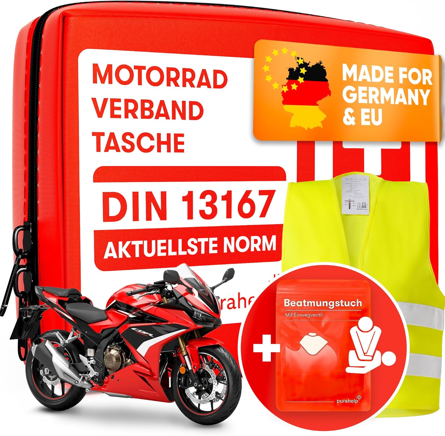 PURAHELP Motorrad-Erste-Hilfe-Set nach aktueller Norm 2026 DIN 13167 (StVO-konform) – inkl. Warnweste & Belüftungstuch – Motorrad-Verbandset 2026 Mini Small