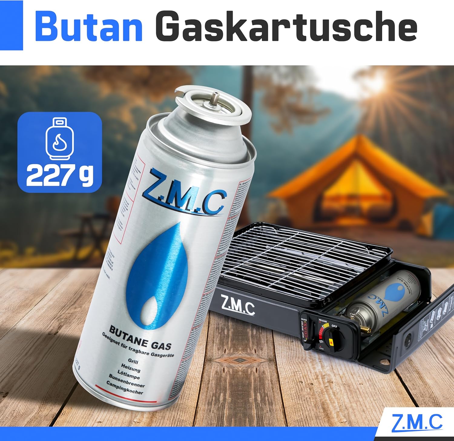 ZMC 28 x Butan-Gaskartuschen 227 g MSF-1a – Butangasflasche Campinggas mit Bajonettventil für Campingkocher, Gasheizung, Gasbrenner, Unkrautbrenner, Lötbrenner – hergestellt in Europa – Bild 2