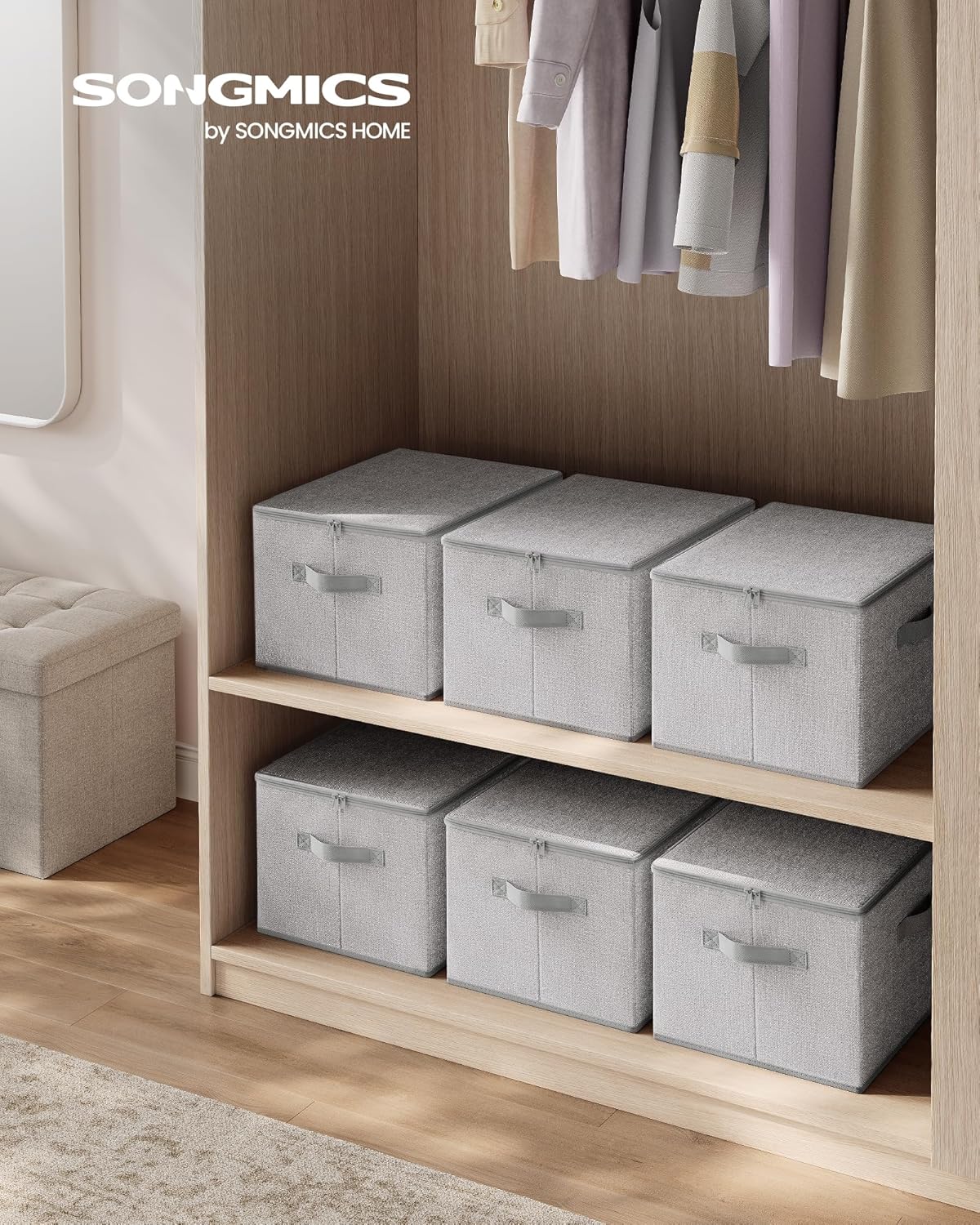 SONGMICS Aufbewahrungsbox mit Deckel, faltbare Stoffbox mit Griffen, Aufbewahrung für Kleidung, Vliesstoff, 6er-Set, 40 x 30 x 25 cm, Taubengrau RZB003W02 – Bild 2