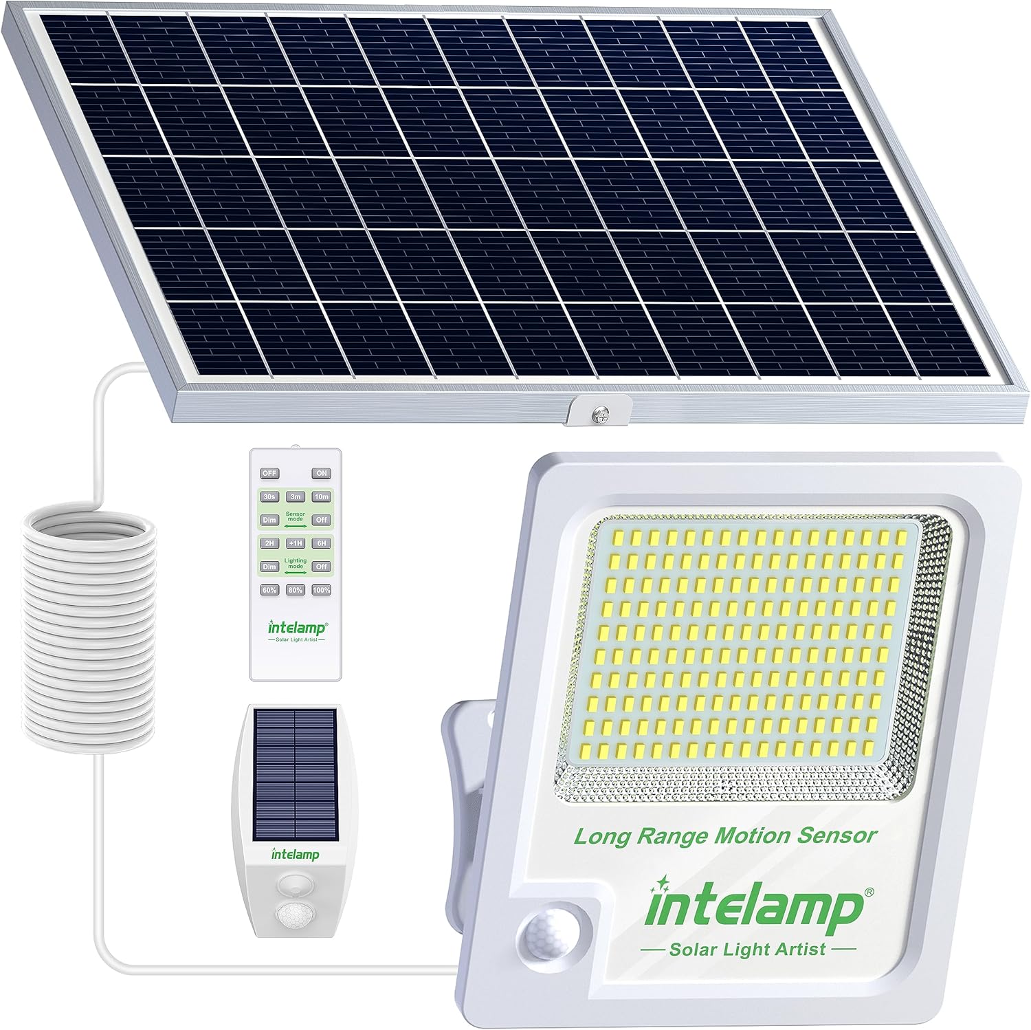 INTELAMP Solarleuchten für den Außenbereich mit Bewegungsmelder, 12000 mAh 3000 LM Solarstrahler Außen, Superhelle 170 LED Solarleuchten für den Außenbereich mit Fernbedienung, Solarlampe für den Außenbereich mit 5 m Kabel, IP65