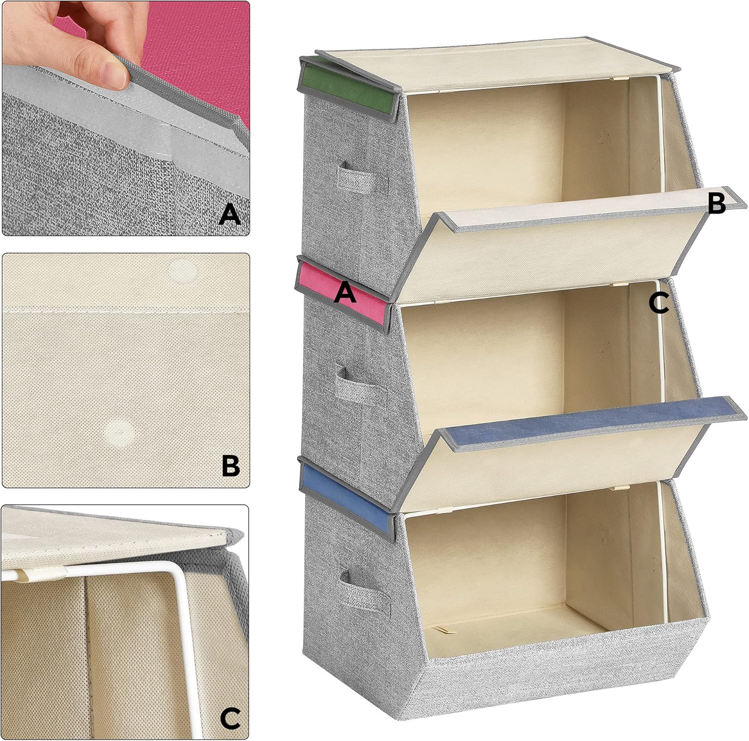 SONGMICS Aufbewahrungsboxen, 3er-Set, faltbare Stoffboxen mit Griffen, Organizer, magnetischer Deckel, für Kinderzimmer, Spielzimmer, Tiermotive, rosa, blau, grün und grau, RFB760P01 – Bild 5