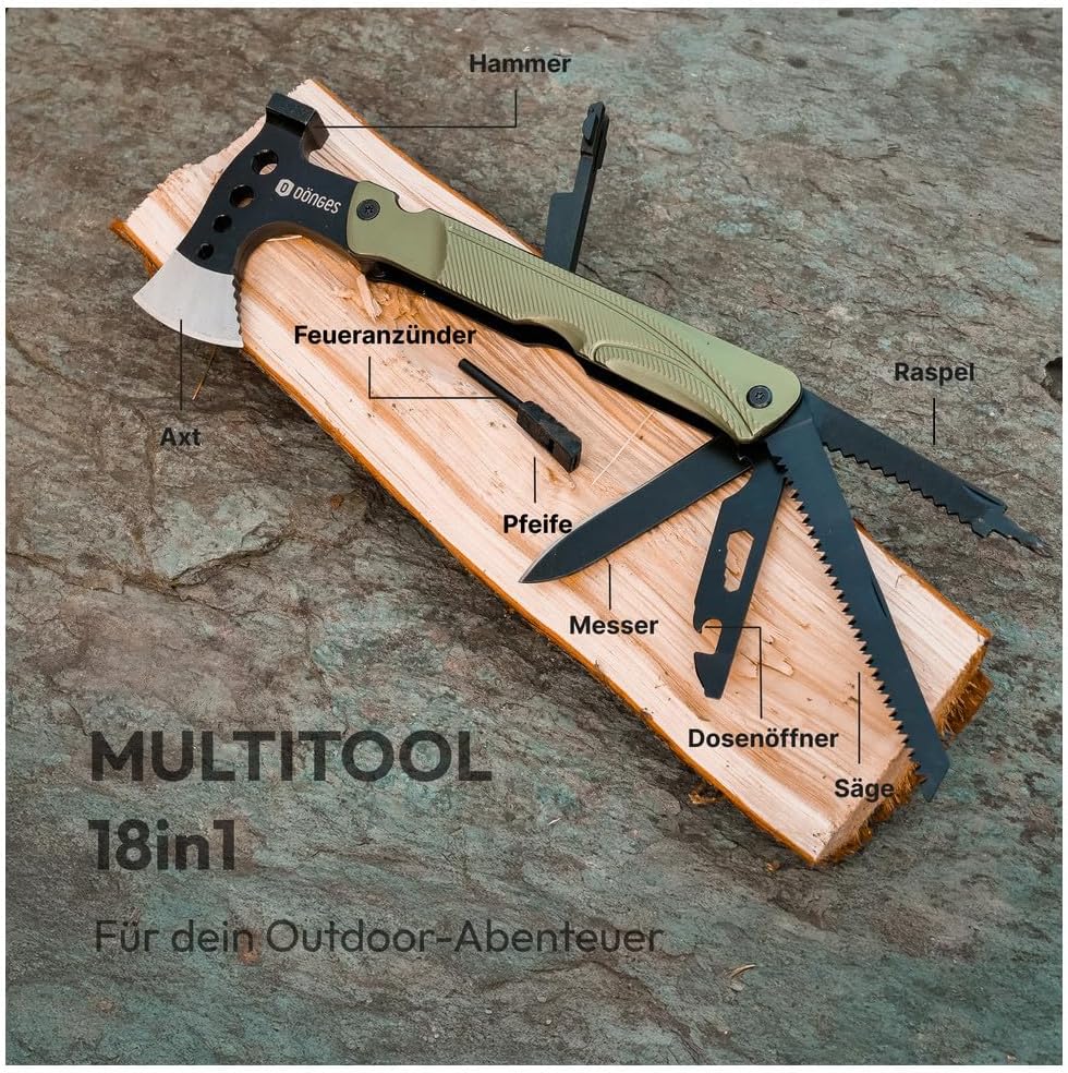 Dönges Multitool 18 Funktionen – Mit Axt, Feuerstein & Koffer – Kompaktes Survival-Tool für Outdoor, Bushcraft & Camping – Geschenk für echte Abenteurer – Bild 2