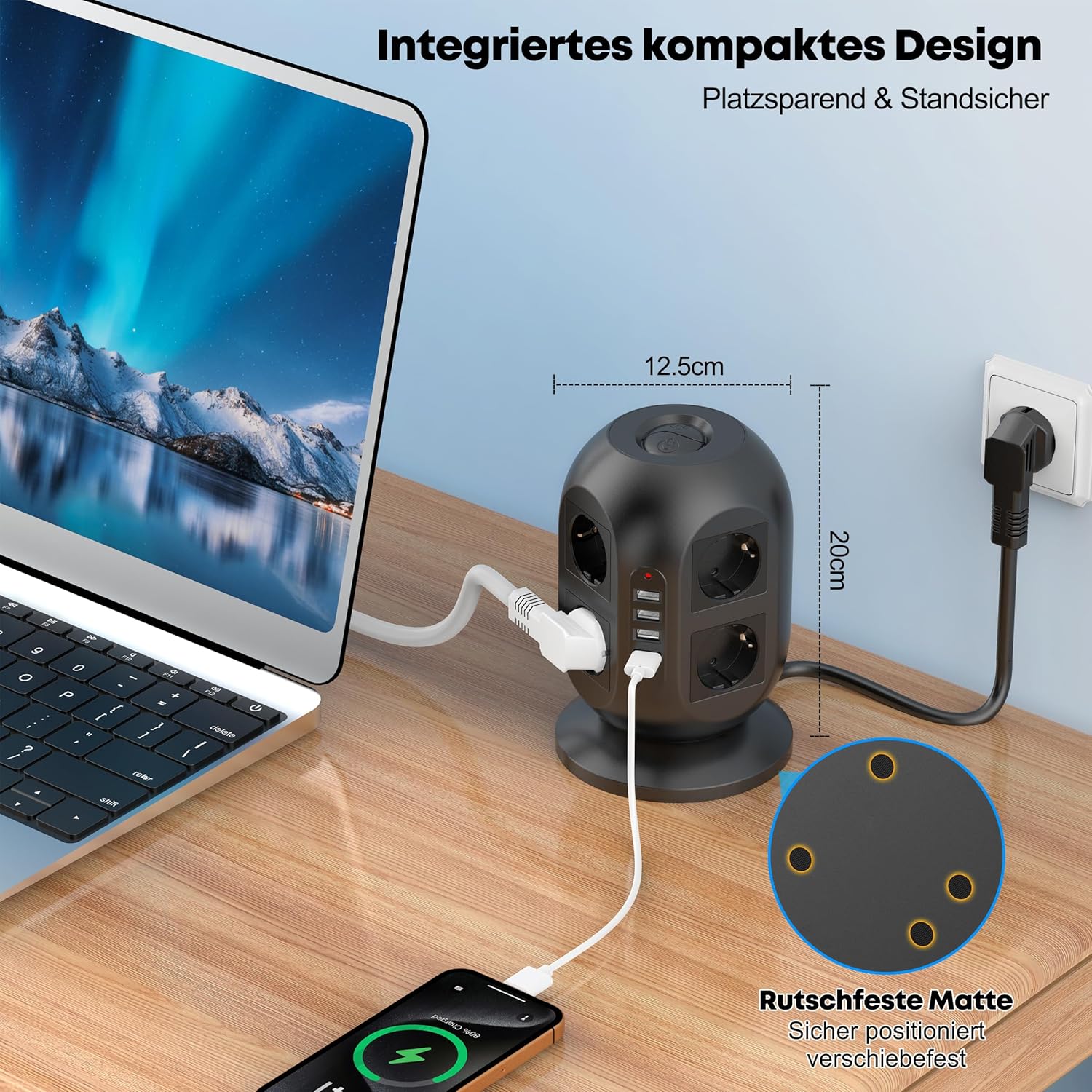 Steckdosenleiste mit USB und Überspannungsschutz (8-fach Mehrfachsteckdose mit Schalter, 2 m Kabel), Mehrfachsteckdosenwürfel für Haushalt und Büro – Bild 3
