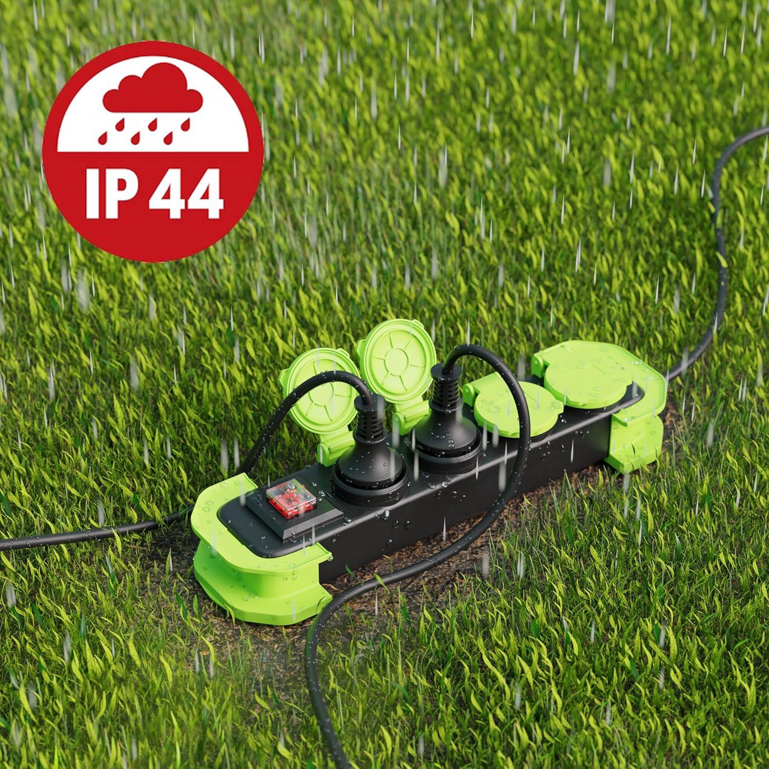 MutecPower Steckdosenleiste 4-Fach Mehrfachsteckdose Outdoor mit Schalter IP44 Outdoor Schutzkontaktsteckdosen mit Klappdeckel und 1,4m Rollkabel 16A/250V H05RR-F 3G 1,5 Schwarz/Grün – Bild 5