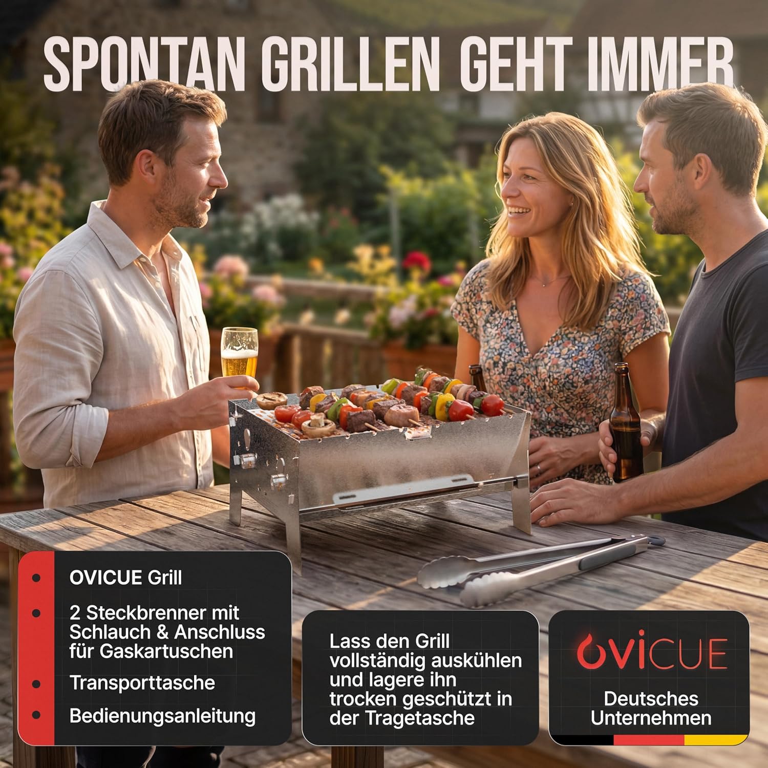 Grillen | Mobiler Plug-In Gasgrill Large XL | 2 Brenner | Tragbarer Edelstahlgrill mit Stecksystem – Gas- und Holzkohlebetrieb inklusive Tragetasche – perfekt für Camping, Balkon – Bild 7