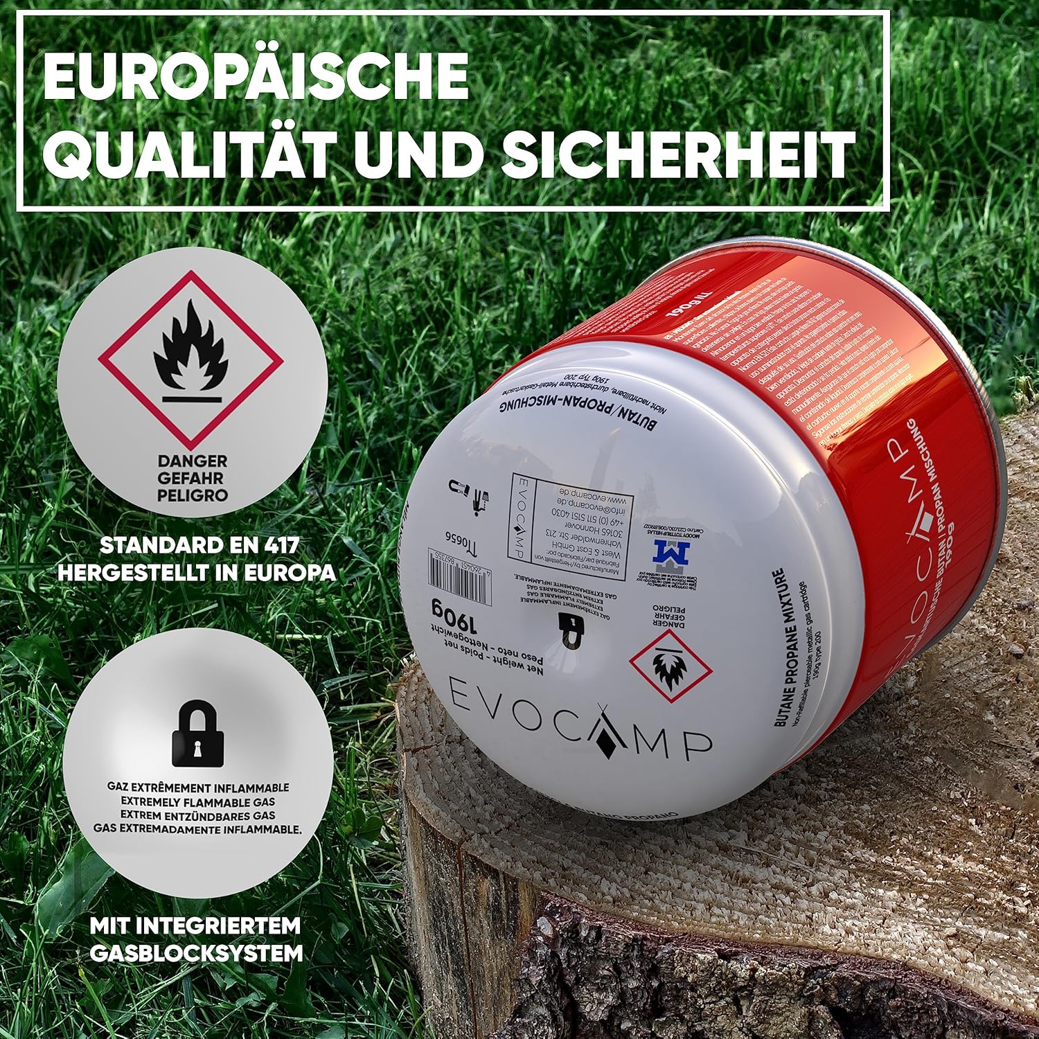 EVOCAMP 4 x durchstechbare Kartuschen 190 g, Propan-Butan-Gaskartuschen mit integriertem Gas-Lock-System, Gaskartusche mit Campinggas, geeignet für Gaskocher, Campingkocher, Gasbrenner, Kohleanzünder, Lötlampe – Bild 6